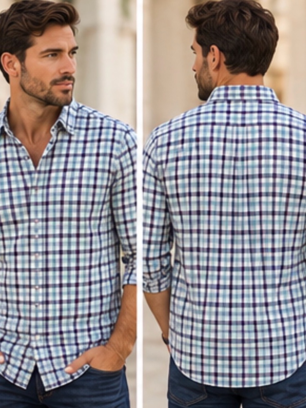 Nordstrom Trim Fit Plaid Button Down Blue & White Men's 16 1/2